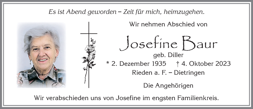  Traueranzeige für Josefine Baur vom 11.10.2023 aus Allgäuer Zeitung, Füssen