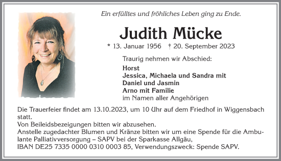 Traueranzeige von Judith Mücke von Allgäuer Zeitung,Kempten