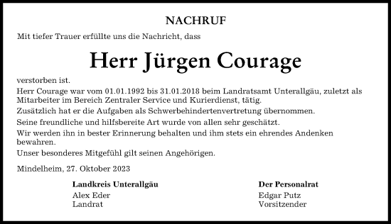 Traueranzeige von Jürgen Courage von Memminger Zeitung