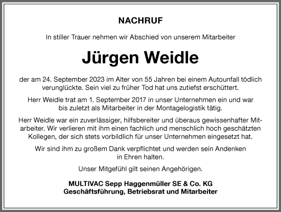 Traueranzeige von Jürgen Weidle von Memminger Zeitung