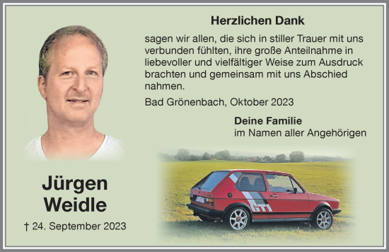 Traueranzeige von Jürgen Weidle von Memminger Zeitung