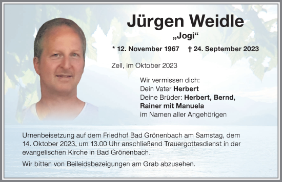 Traueranzeige von Jürgen Weidle von Memminger Zeitung