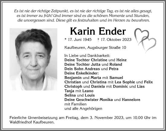 Traueranzeige von Karin Ender von Allgäuer Zeitung, Kaufbeuren/Buchloe