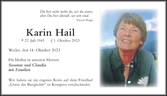 Traueranzeige von Karin Hail von Der Westallgäuer