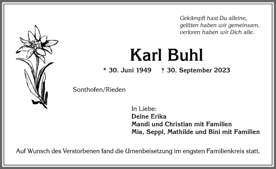 Traueranzeige von Karl Buhl von Allgäuer Anzeigeblatt