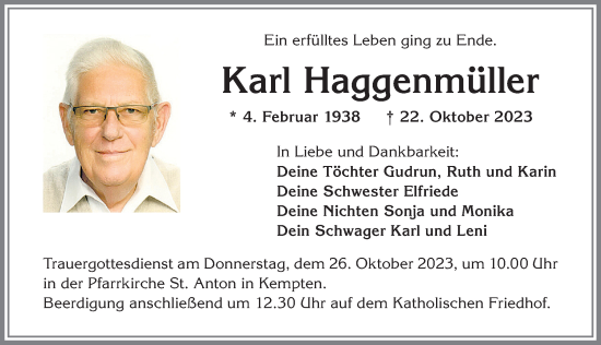 Traueranzeige von Karl Haggenmüller von Allgäuer Zeitung,Kempten