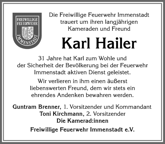 Traueranzeige von Karl Hailer von Allgäuer Anzeigeblatt