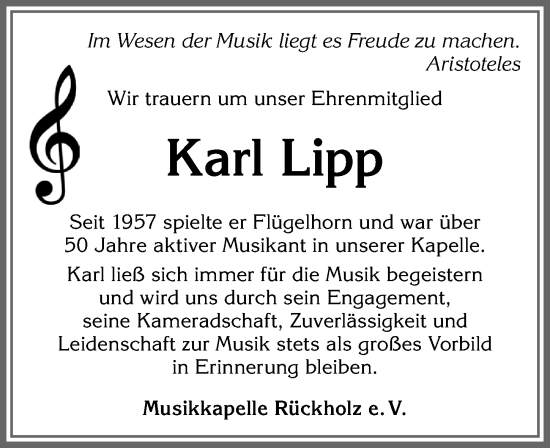 Traueranzeige von Karl Lipp von Allgäuer Zeitung, Füssen