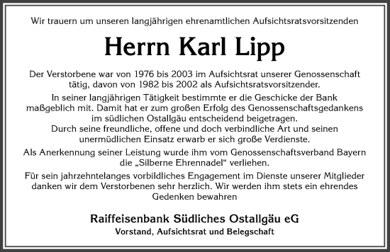 Traueranzeige von Karl Lipp von Allgäuer Zeitung, Füssen