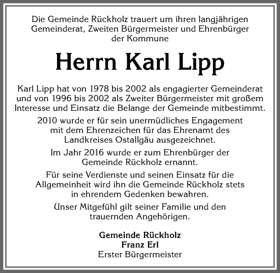 Traueranzeige von Karl Lipp von Allgäuer Zeitung, Füssen