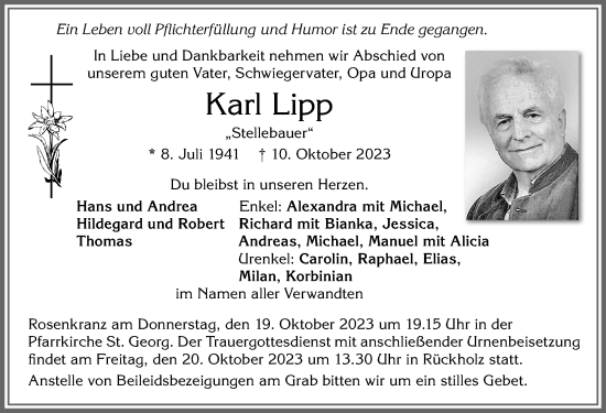 Traueranzeige von Karl Lipp von Allgäuer Zeitung, Füssen