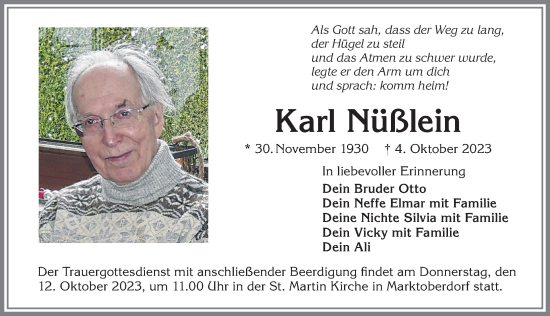 Traueranzeige von Karl Nüßlein von Allgäuer Zeitung, Marktoberdorf