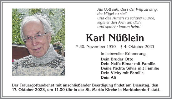 Traueranzeige von Karl Nüßlein von Allgäuer Zeitung, Marktoberdorf