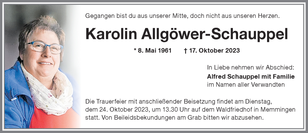  Traueranzeige für Karolin Allgöwer-Schauppel vom 23.10.2023 aus Memminger Zeitung