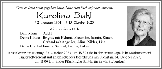 Traueranzeige von Karolina Buhl von Allgäuer Zeitung, Marktoberdorf