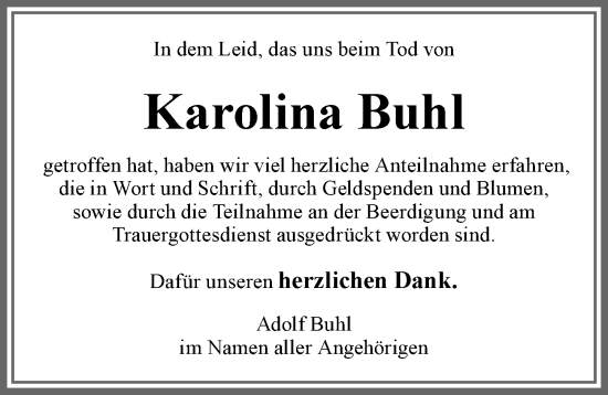 Traueranzeige von Karolina Buhl von Allgäuer Zeitung, Marktoberdorf