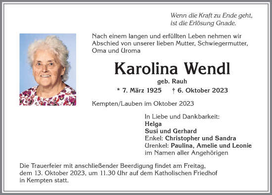 Traueranzeige von Karolina Wendl von Allgäuer Zeitung,Kempten