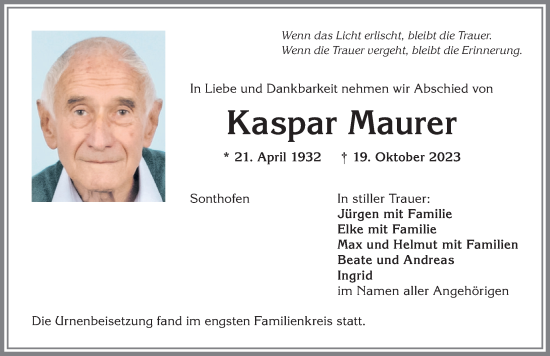 Traueranzeige von Kaspar Maurer von Allgäuer Anzeigeblatt