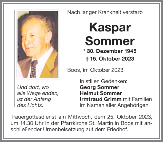 Traueranzeige von Kaspar Sommer von Memminger Zeitung