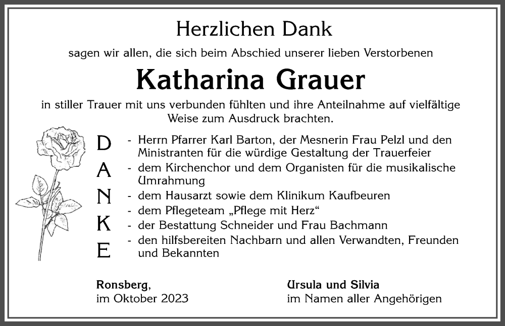  Traueranzeige für Katharina Grauer vom 07.10.2023 aus Allgäuer Zeitung, Marktoberdorf