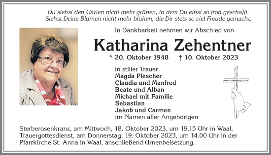 Traueranzeige von Katharina Zehentner von Allgäuer Zeitung, Kaufbeuren/Buchloe