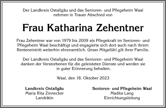 Traueranzeige von Katharina Zehentner von Mindelheimer Zeitung, Augsburger Allgemeine