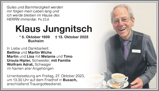 Traueranzeige von Klaus Jungnitsch von Memminger Zeitung