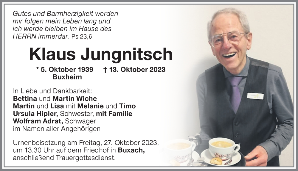  Traueranzeige für Klaus Jungnitsch vom 21.10.2023 aus Memminger Zeitung