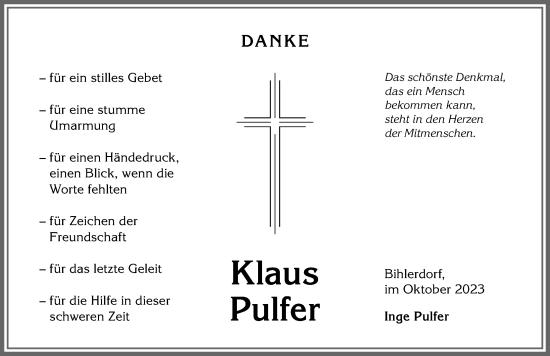 Traueranzeige von Klaus Pulfer von Allgäuer Anzeigeblatt