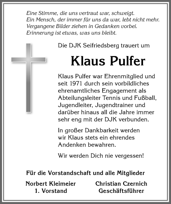 Traueranzeige von Klaus Pulfer von Allgäuer Anzeigeblatt