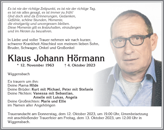 Traueranzeige von Klaus Johann Hörmann von Allgäuer Zeitung,Kempten