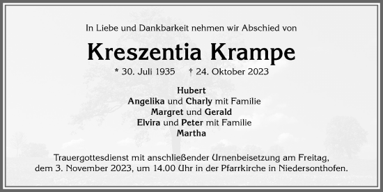 Traueranzeige von Kreszentia Krampe von Allgäuer Anzeigeblatt