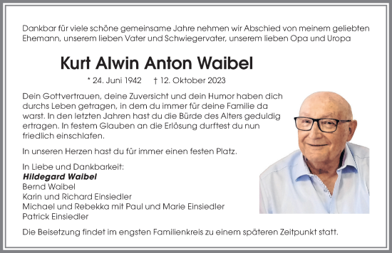 Traueranzeige von Kurt Alwin Anton Waibel von Memminger Zeitung