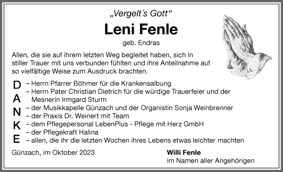 Traueranzeige von Leni Fenle von Allgäuer Zeitung, Füssen