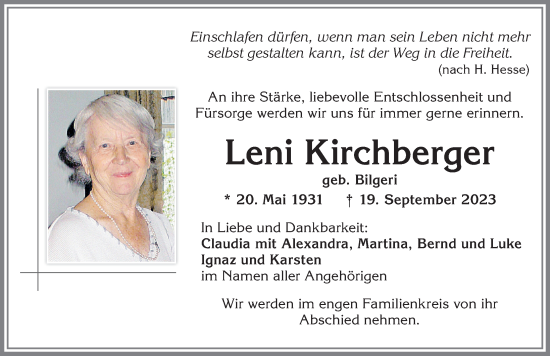 Traueranzeige von Leni Kirchberger von Allgäuer Zeitung, Füssen