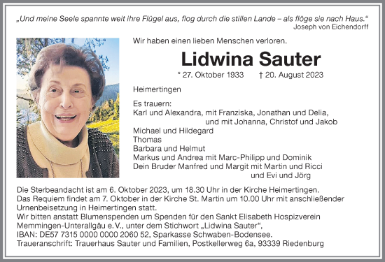 Traueranzeige von Lidwina Sauter von Memminger Zeitung