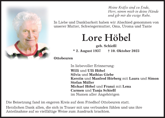 Traueranzeige von Lore Höbel von Memminger Zeitung