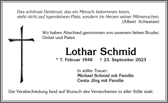 Traueranzeige von Lothar Schmid von Allgäuer Zeitung, Marktoberdorf