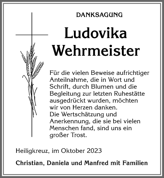 Traueranzeige von Ludovika Wehrmeister von Allgäuer Zeitung,Kempten