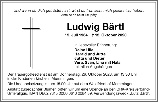 Traueranzeige von Ludwig Bärtl von Memminger Zeitung