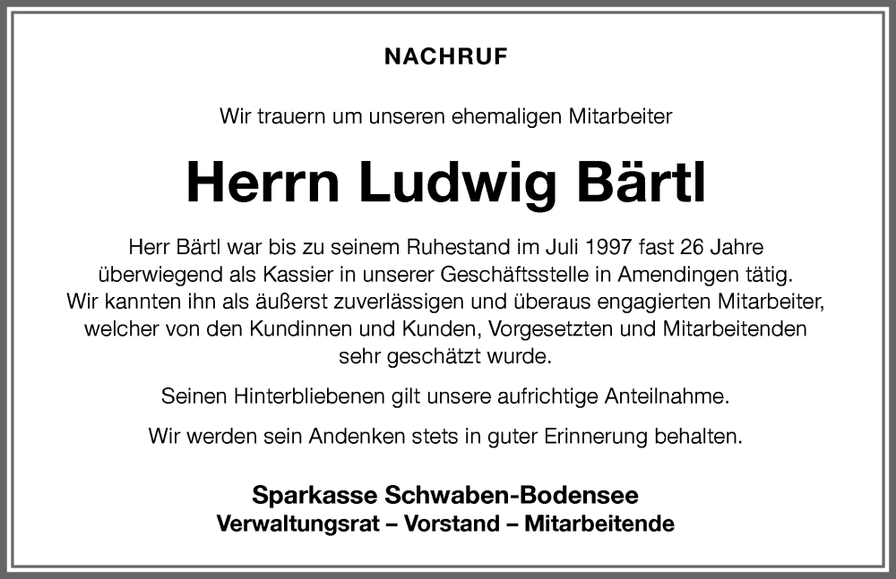  Traueranzeige für Ludwig Bärtl vom 21.10.2023 aus Memminger Zeitung