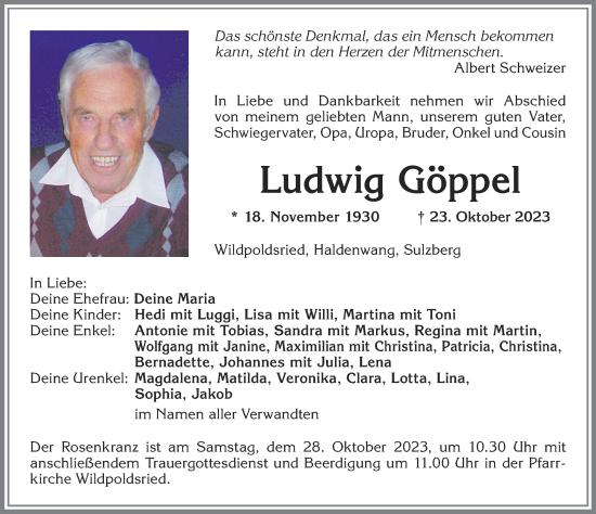Traueranzeige von Ludwig Göppel von Allgäuer Zeitung,Kempten