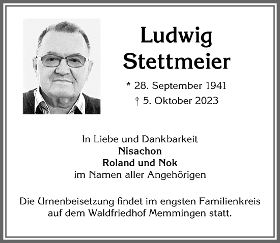 Traueranzeige von Ludwig Stettmeier von Memminger Zeitung