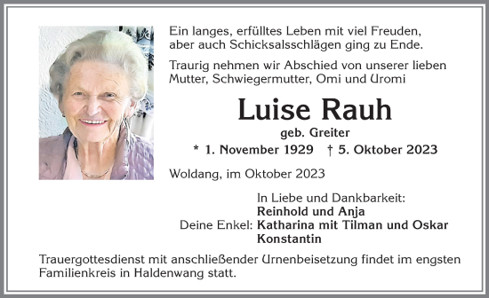 Traueranzeige von Luise Rauh von Allgäuer Zeitung,Kempten