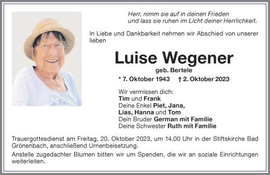 Traueranzeige von Luise Wegener von Memminger Zeitung