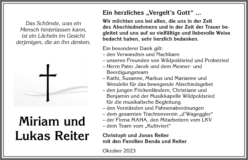  Traueranzeige für Lukas Reiter vom 14.10.2023 aus Allgäuer Zeitung,Kempten