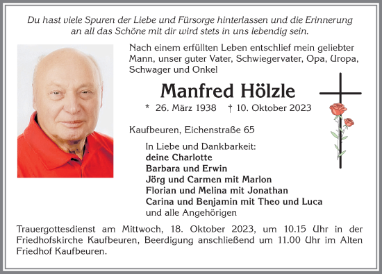 Traueranzeige von Manfred Hölzle von Allgäuer Zeitung, Kaufbeuren/Buchloe