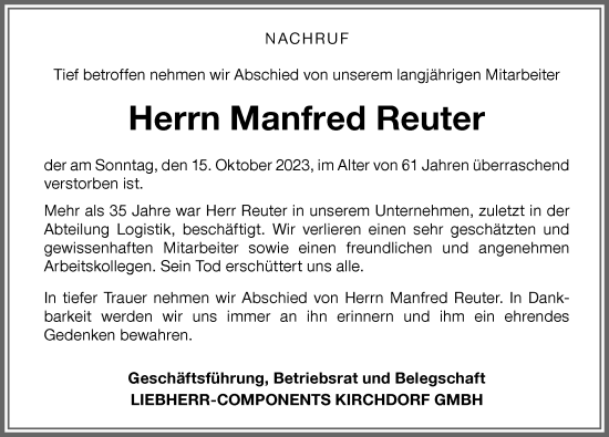 Traueranzeige von Manfred Reuter von Memminger Zeitung
