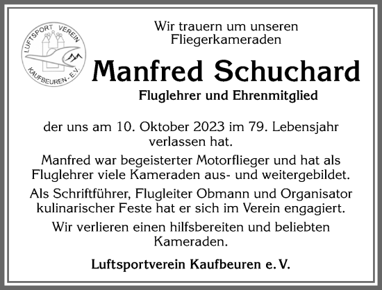 Traueranzeige von Manfred Schuchard von Allgäuer Zeitung, Kaufbeuren/Buchloe