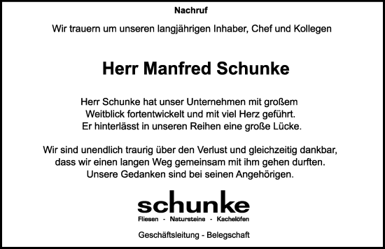 Traueranzeige von Manfred Schunke von Memminger Zeitung